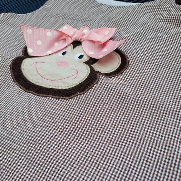 Castles & Crowns ✦ Monkey Applique Dress ✦ Brown Gingham Pink Bow Size 5T NWOT - Picture 7 of 14